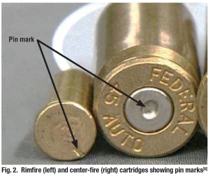 Rimfire (left) and center-fire (right) cartridges showing pin marks